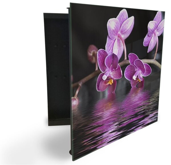 Glasdekor skrinka na kľúče - kvety temne fialovej orchidey nad hladinou - Ľavé / Čierna