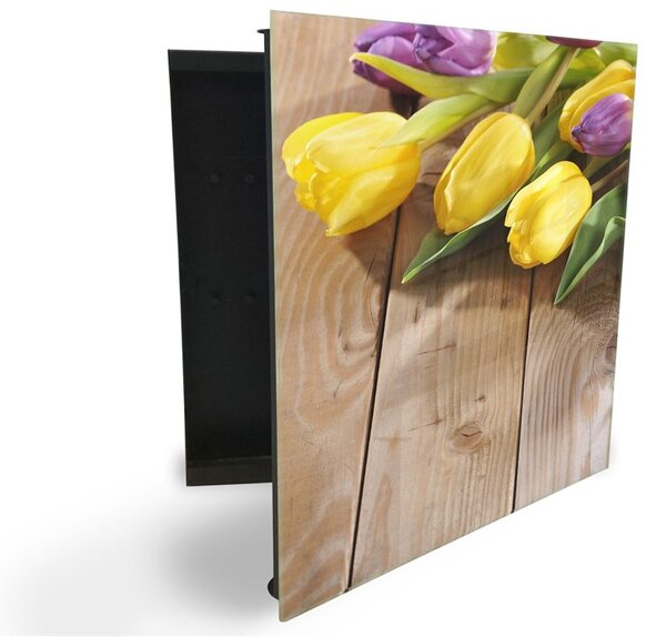 Glasdekor skrinka na kľúče - žlté tulipány na dreve - Pravé / Čierna