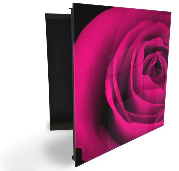 Glasdekor skrinka na kľúče - detail kvetu ostro ružovej ruže - Ľavé / Čierna