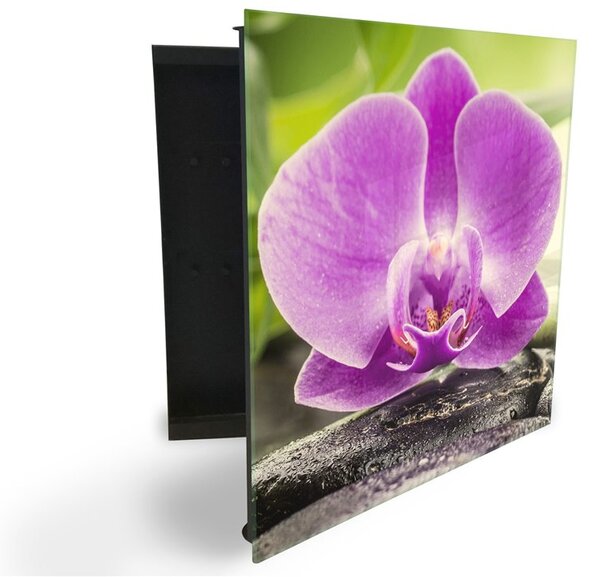 Glasdekor skrinka na kľúče - veľký fialový kvet orchidey na kameni - Pravé / Čierna