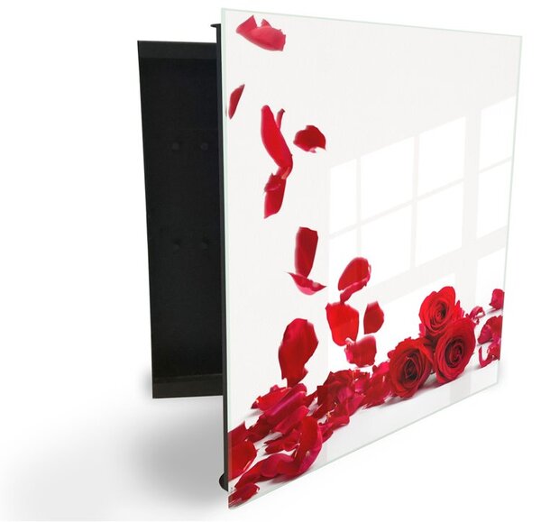 Glasdekor skrinka na kľúče - kvety a lístky červené ruže na bielom - Ľavé / Čierna