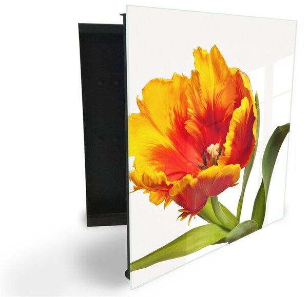 Glasdekor skrinka na kľúče - maľovaný žltý kvet tulipánu - Ľavé / Čierna