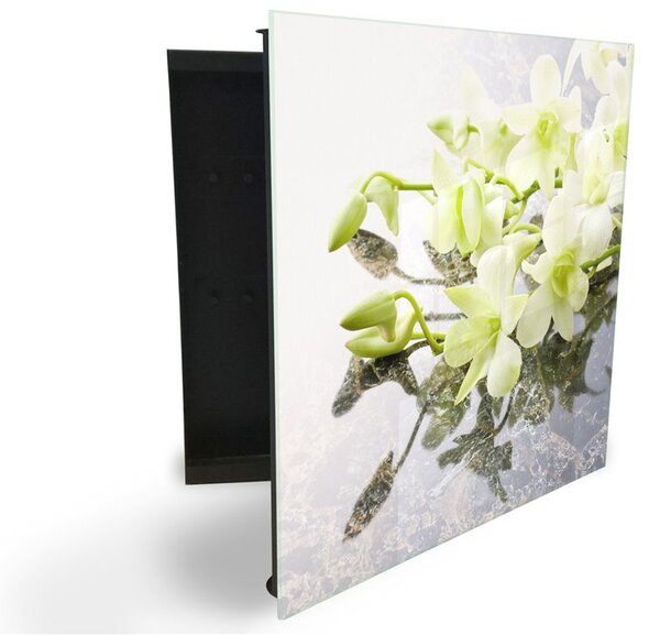 Glasdekor skrinka na kľúče - kvety orchidey na mramore - Pravé / Biela