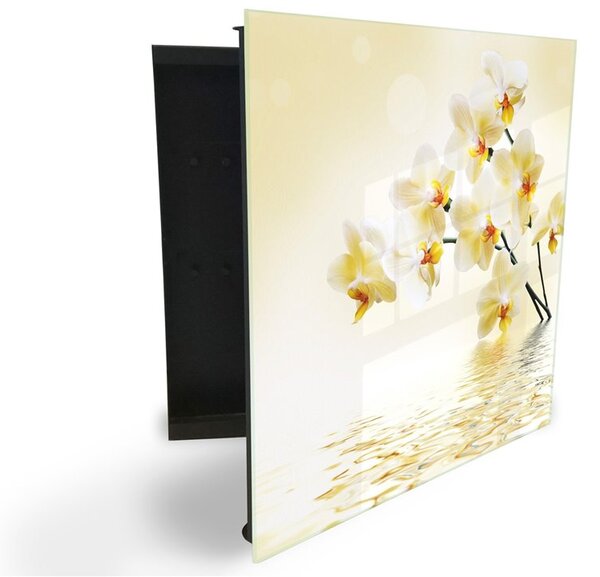 Glasdekor skrinka na kľúče - kvety žltej orchidey nad hladinou - Pravé / Čierna