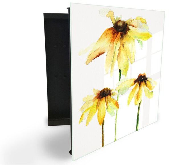 Glasdekor skrinka na kľúče - žlté kvety akvarel - Pravé / Čierna