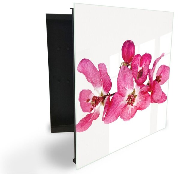 Glasdekor skrinka na kľúče - ružový kvet sakura - Ľavé / Čierna
