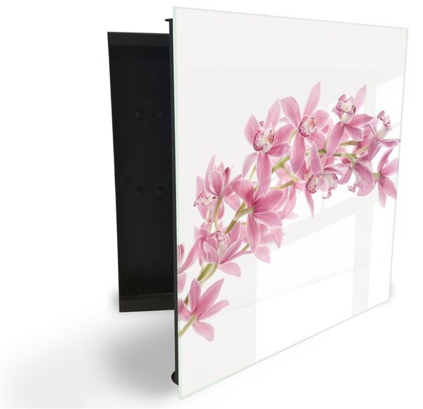 Glasdekor skrinka na kľúče - ružové kvety orchidey - Ľavé / Čierna