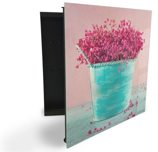 Glasdekor skrinka na kľúče - ružový vres a tyrkysový kvetináč - Pravé / Biela