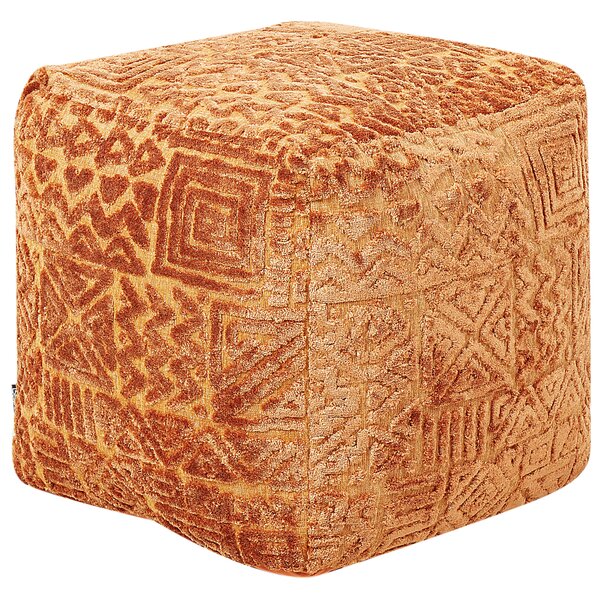 Taburet zlatohnedý polyester viskóza 50 x 50 x 50 cm výplň z EPS guľôčok hrubý poťah všívaný geometrický vzor boho štýl obývačka