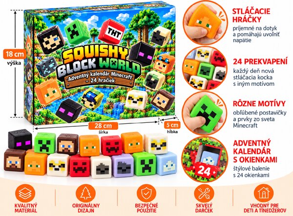 FoxBox Adventný kalendár pre deti Squishy Minecraft – 24 antistresových stláčacích hračiek, vianočný darček