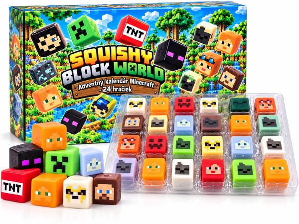 FoxBox Adventný kalendár pre deti Squishy Minecraft – 24 antistresových stláčacích hračiek, vianočný darček