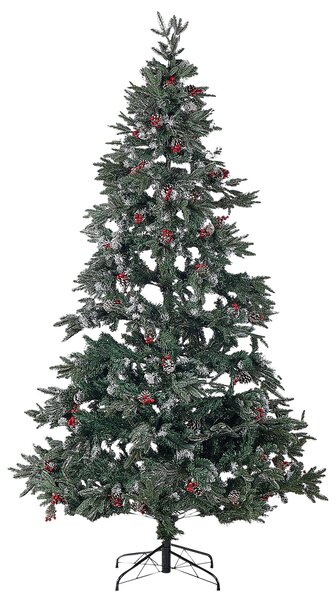 Umelý vianočný stromček zelený PVC kovový podstavec 240 cm so zasneženými vetvami šiškami a cezmínou tradičný štýl