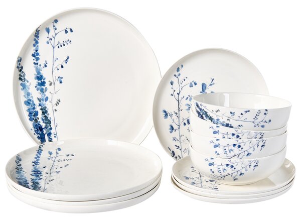 12-dielna sada jedálenského riadu biela a modrá porcelánový riad pre 4 osoby taniere a misky kvetinový motív