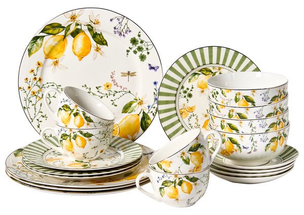 20-dielna sada jedálenského riadu biela a zelená porcelánový riad pre 4 osoby taniere a šálky citrónový vzor