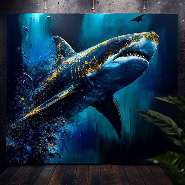 Dekoratívna maľba na plátne - PREMIUM ART - Shark Force in Dark Water - 60x50 cm