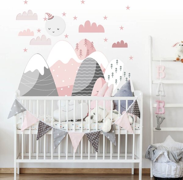 INSPIO-textilná prelepiteľná nálepka - Nálepky na stenu pre dievčatá - Mesiačik a kopce