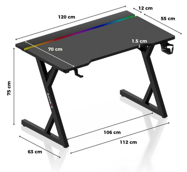 Herný stôl HERO 2.4 RGB s LED osvetlením čierny