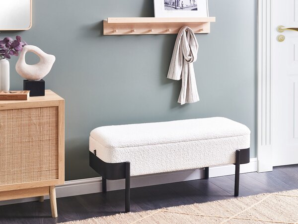 Úložná lavička do spálne krémová biela polyester látkové čalúnenie čierne nohy vidiecky štýl nábytok do obývacej izby