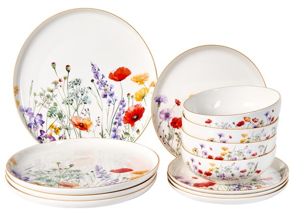 12-dielna sada jedálenského riadu biela porcelánový riad pre 4 osoby taniere a misky kvetinový motív