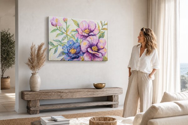 Maľovaný obraz na stenu KVETY 90x60 cm - 90×60 cm / Klasický 2 cm