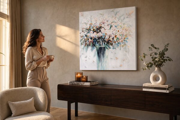 Maľovaný obraz na stenu KVETY VO VÁZE 70x70 cm - 70×70 cm / Klasický 2 cm