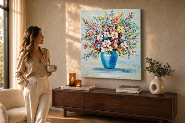 Maľovaný obraz na stenu KVETY VO VÁZE 60x70 cm - 60×70 cm / Premium 4 cm