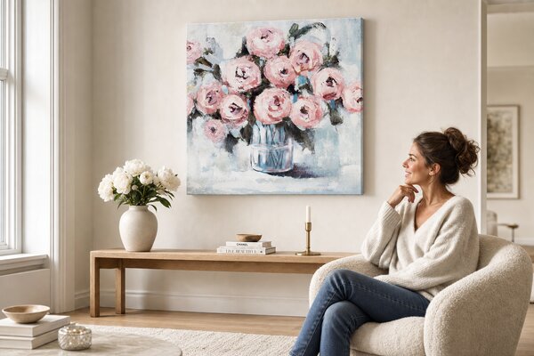 Maľovaný obraz na stenu KVETY VO VÁZE 70x70 cm - 70×70 cm / Klasický 2 cm