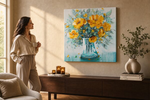 Maľovaný obraz na stenu Kvety vo váze — žltá kytica 70×70 cm - 70×70 cm / Klasický 2 cm