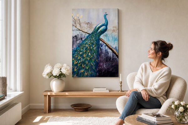 Maľovaný obraz na stenu PÁV 60x90 cm - 60×90 cm / Premium 4 cm
