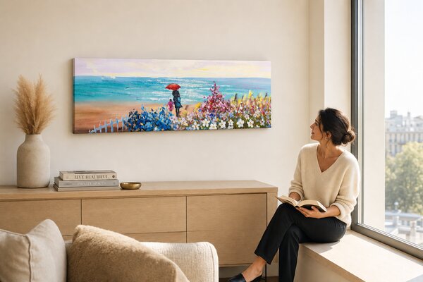 Maľovaný obraz na stenu PLÁŽ 120x40 cm - 120×40 cm / Premium 4 cm