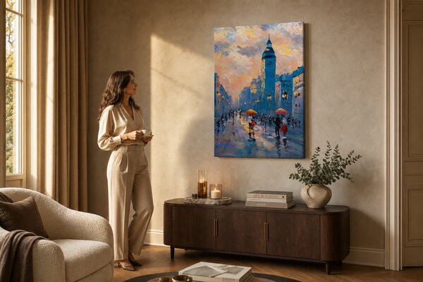 Maľovaný obraz na stenu PRECHÁDZKA MESTOM 60x90 cm - 60×90 cm / Klasický 2 cm