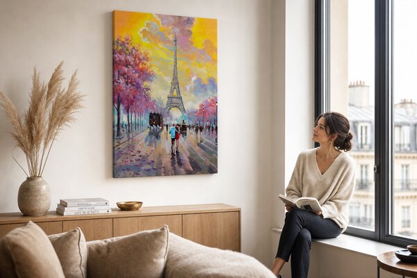 Maľovaný obraz na stenu PRECHÁDZKA V PARÍŽI 60x90 cm - 60×90 cm / Klasický 2 cm