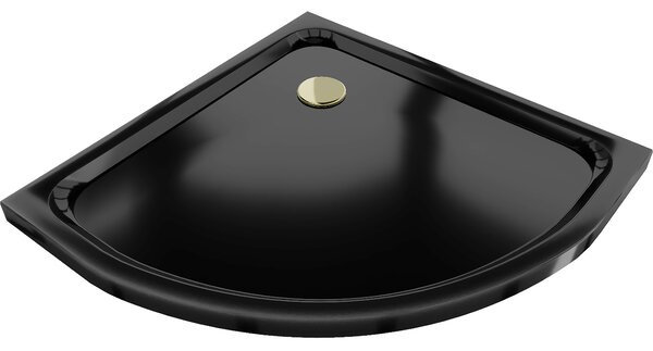 Mexen Flat, štvrťkruhová akrylátová sprchová vanička 100x100x5 cm SLIM, čierna, zlatý sifón, 41701010G