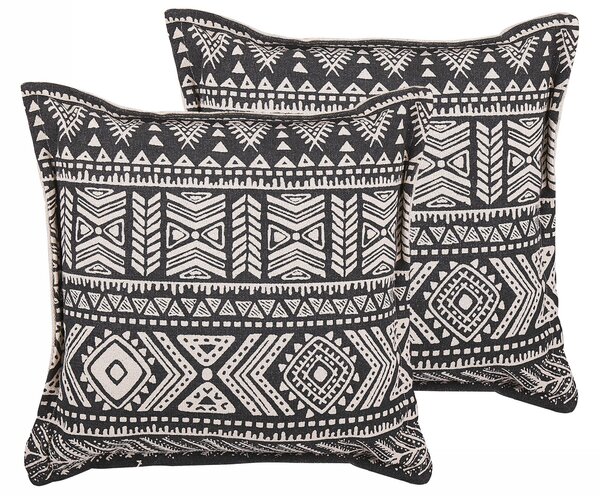 Sada 2 dekoratívnych vankúšov čierna a béžová bavlnený poťah s výplňou 45 x 45 cm vzor v boho štýle dekorácia