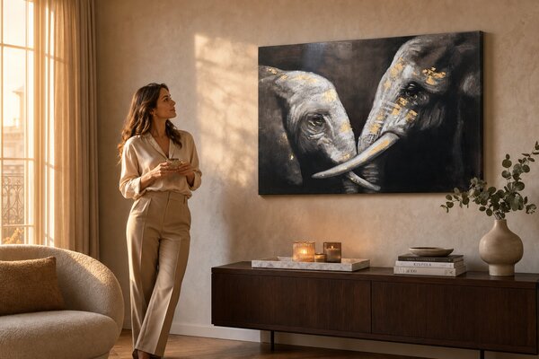 Maľovaný obraz na stenu SLONY 120x80 cm - 120×80 cm / Premium 4 cm