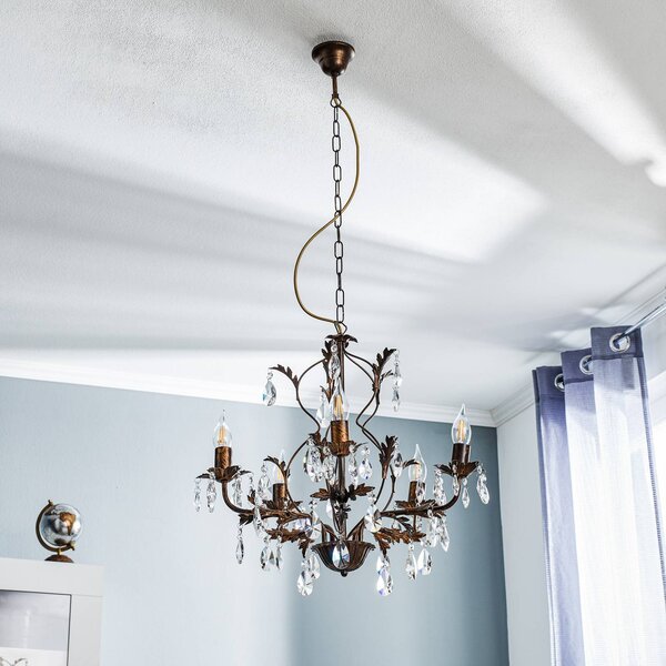 Luster Teresa s kryštálmi, 5-plameňové, Hnedá / staromosadz, Obývacia izba / jedáleň, kov, Starožitný, Luster
