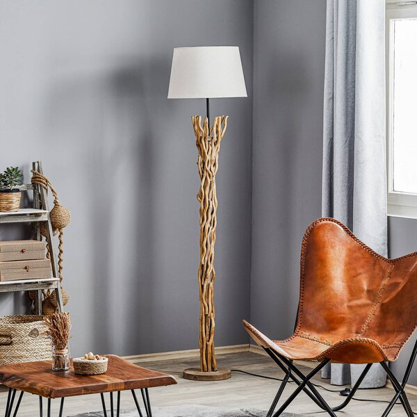 Stojacia lampa Agar s látkovým tienidlom a dreveným prvkom, Krémová / jantárovo žltá, Obývacia izba / jedáleň, Textil / látka / hodváb, Stojaca lampa