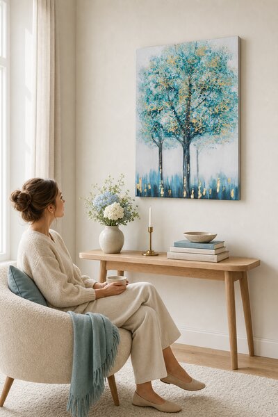Maľovaný obraz Stromy 80×120 cm — abstraktná krajinka v tyrkysovej a zlatej - 80×120 cm / Premium 4 cm