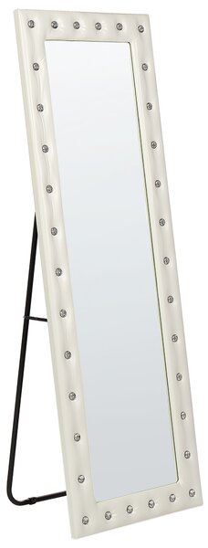 Stojacie zrkadlo biely rám z umelej kože 50 x 150 cm akrylové sklo ozdobné kamienky dekoratívny rám glamour dizajn