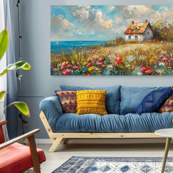 Obraz krajiny na plátne Vidiecky dom v kvetoch | dokončené rukou umelca - 40x60 cm
