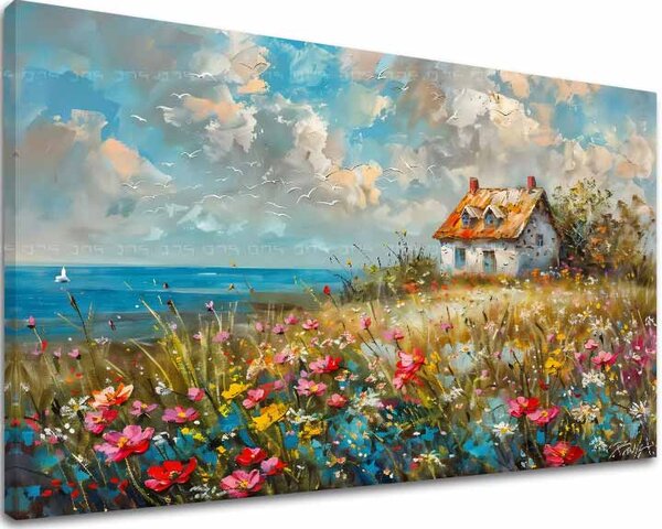 Obraz krajiny na plátne Vidiecky dom v kvetoch | dokončené rukou umelca - 40x60 cm