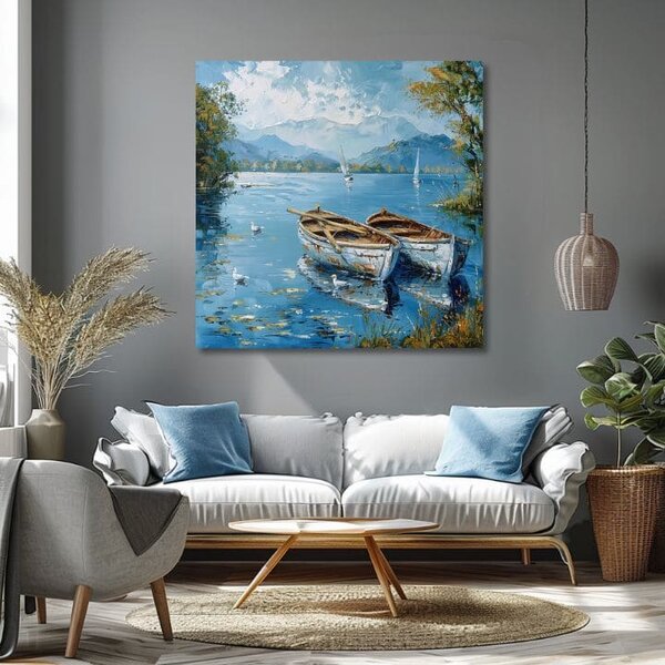 Obraz krajiny na plátne Scenéria s loďkami | dokončené rukou umelca - 60x60 cm
