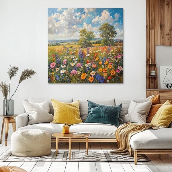 Obraz kvetinového poľa na plátne Letná lúka | dokončené rukou umelca - 60x60 cm