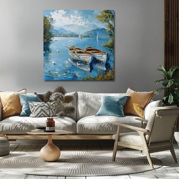 Obraz krajiny na plátne Scenéria s loďkami | dokončené rukou umelca - 60x60 cm