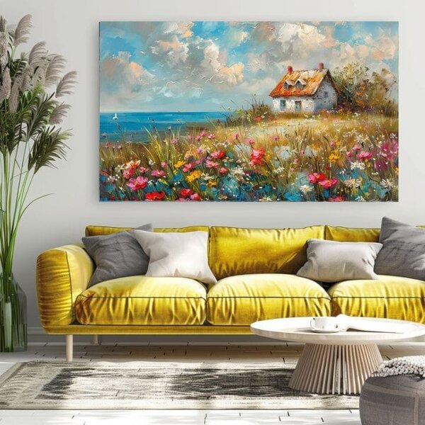 Obraz krajiny na plátne Vidiecky dom v kvetoch | dokončené rukou umelca - 40x60 cm