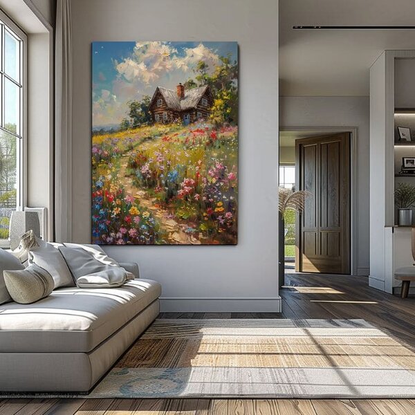 Obraz na plátne Chalúpka v kvetinovom poli | dokončené rukou umelca - 40x60 cm