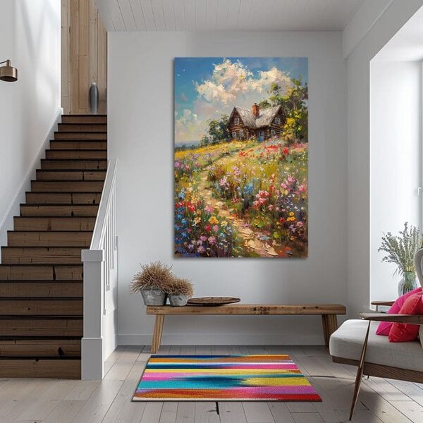 Obraz na plátne Chalúpka v kvetinovom poli | dokončené rukou umelca - 40x60 cm