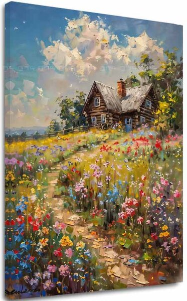 Obraz na plátne Chalúpka v kvetinovom poli | dokončené rukou umelca - 40x60 cm