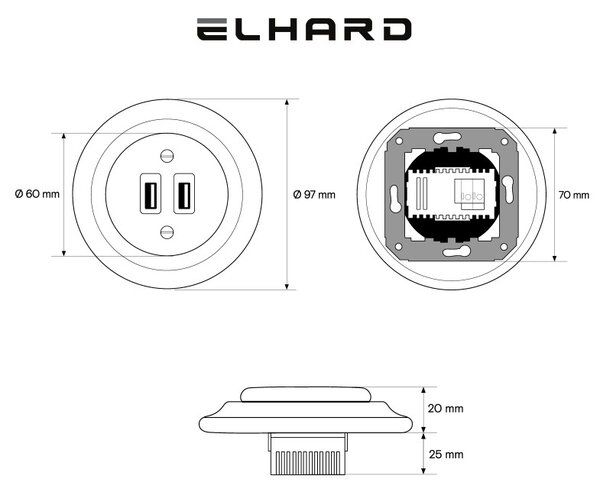 Elhard Okrúhla keramická zásuvka USB, biela KV2032W