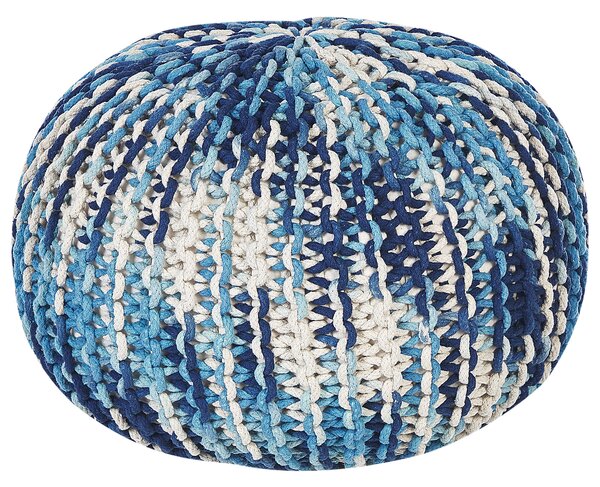 Puf taburetka modrá a biela okrúhla bavlnená 50 x 35 cm pletená podnožka výplň z polystyrénového granulátu